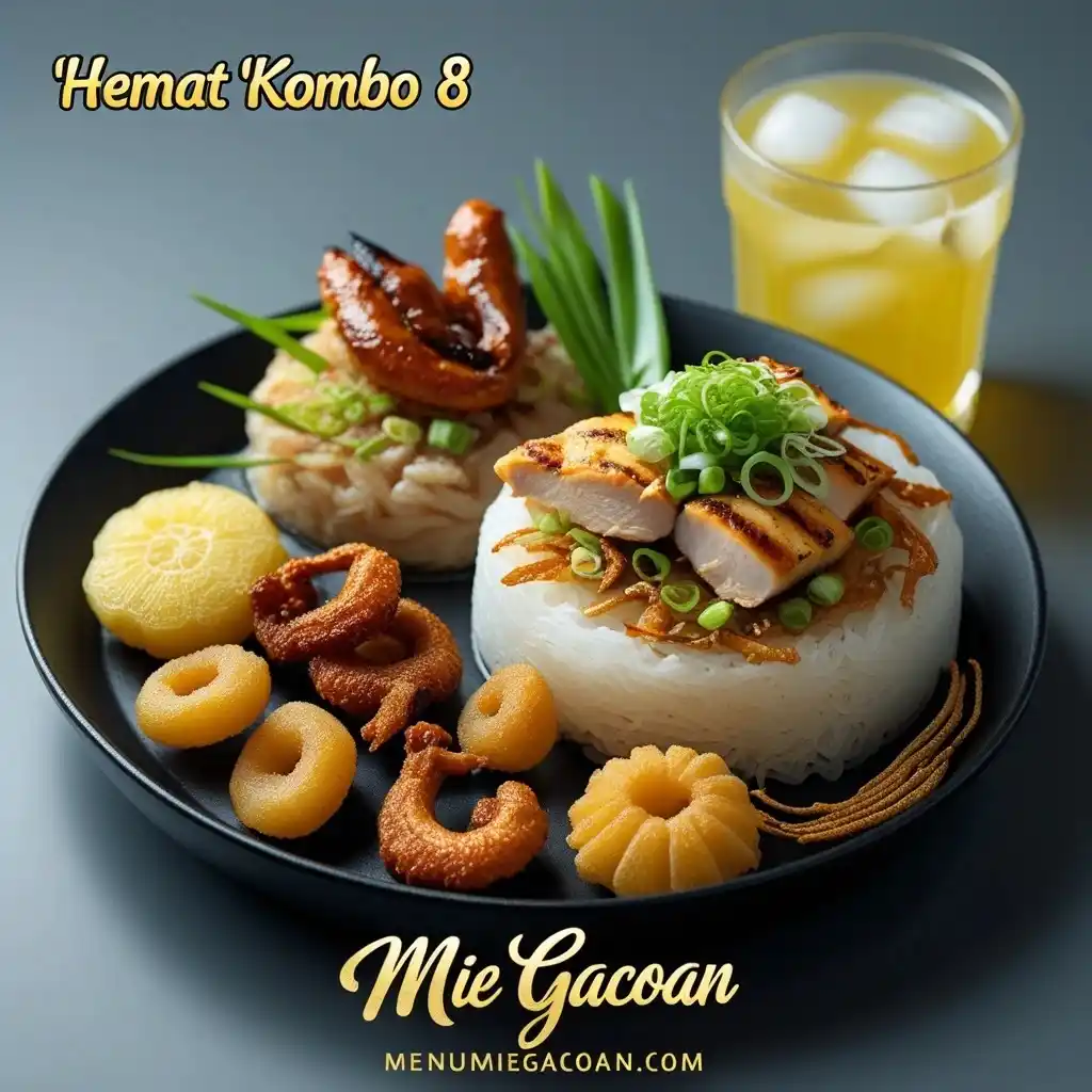 Hemat Kombo 8 Mie Gacoan – Mie Gacoan Lv0 (2 porsi), Keju Udang, Udang Rambutan, dan Teh Lemon yang menyegarkan.
