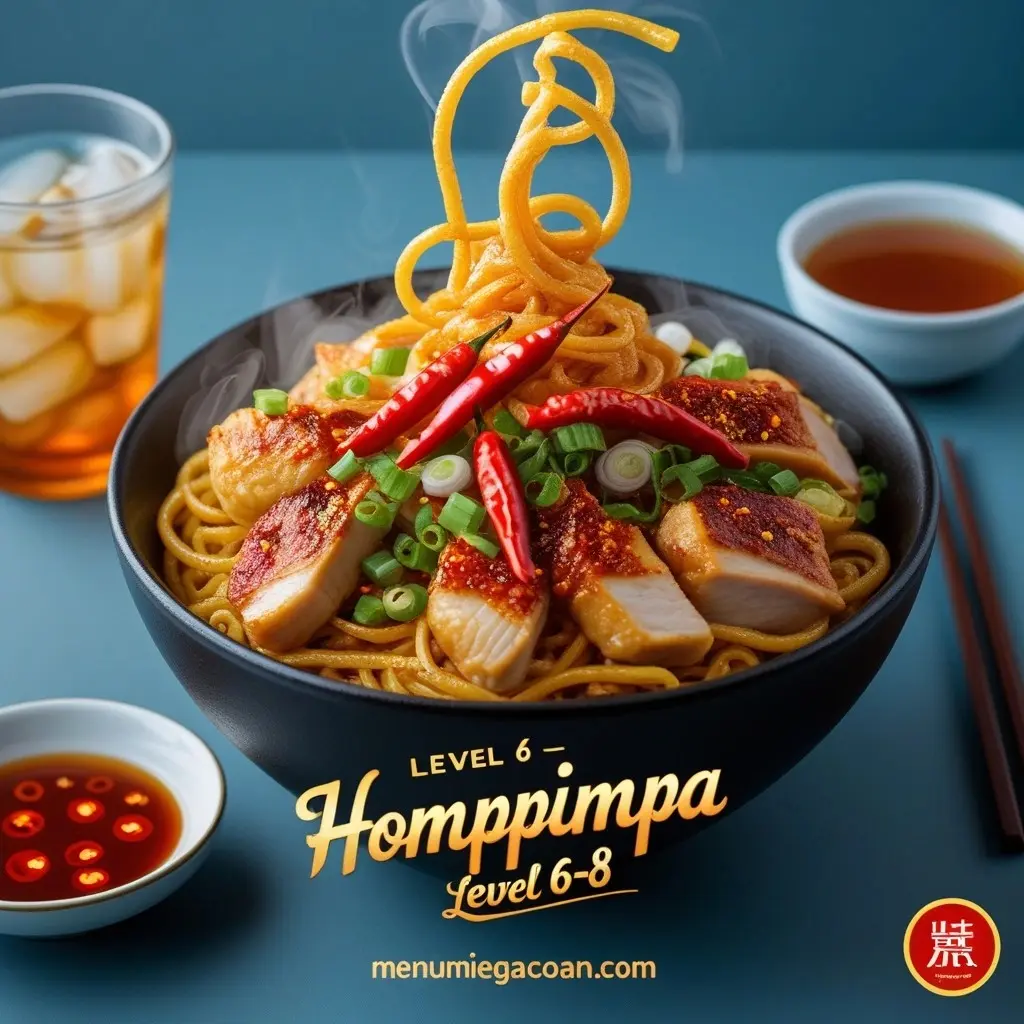 Mie Hompimpa Level 6-8 pedas, dengan ayam panggang, pangsit goreng, dan saus cabai merah menyala.