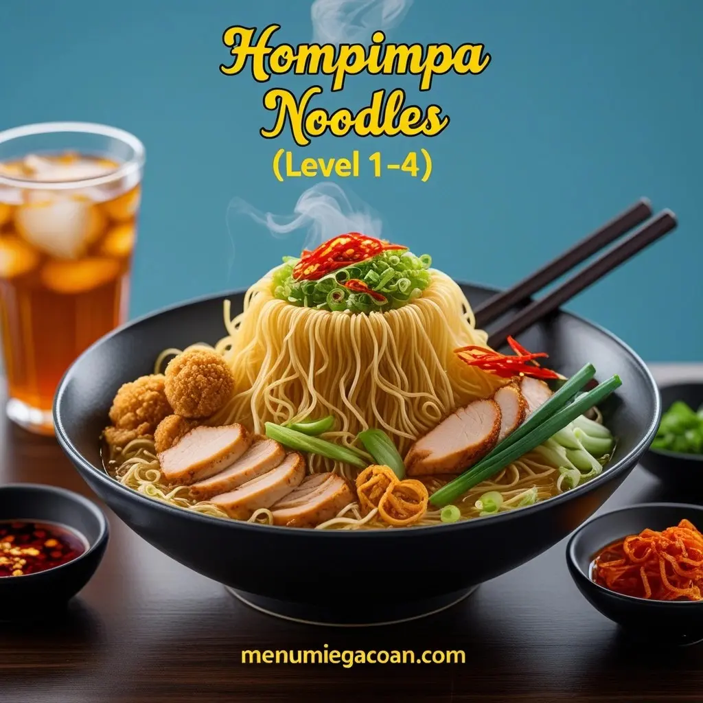 Semangkuk Mie Hompimpa Level 1-4 yang lezat dengan ayam panggang, pangsit goreng renyah, daun bawang, dan bawang goreng, disajikan dengan saus cabai pedas di latar belakang biru cerah.